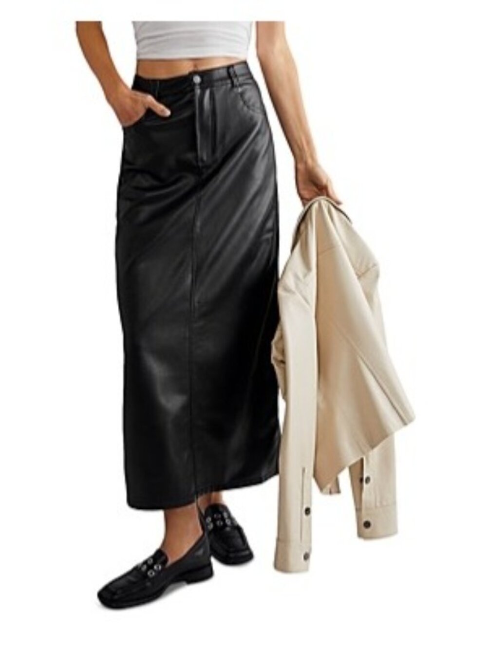Free People Black Vegan Leather Maxi Skirt Size 0 XS - New With Tags - Picture 2 of 8